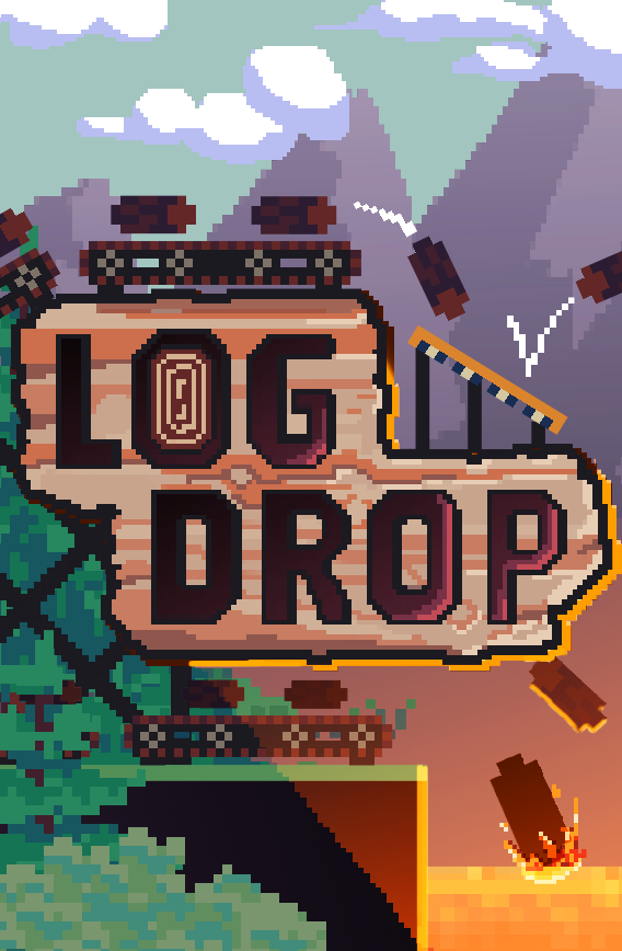 Log Drop key art: the Log Drop sign over a forest and the lava core